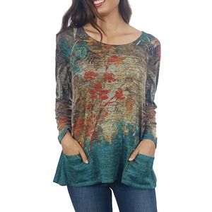 COPY - Ali Miles Top Womens 1X Brown Knit Floral Stretch Pockets Long Sleeves T…